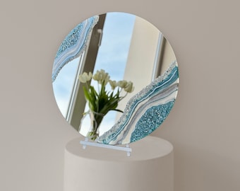 Blue epoxy resin mirror, crystal mirror, exclusive apartment decor, luxury handmade mirror, custom mothers gift, round wall mirror