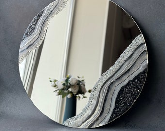 Specchio epossidico di cristallo nero, decorazione della parete a specchio, arte dello specchio di lusso, specchio da bagno art deco, specchio geode unico
