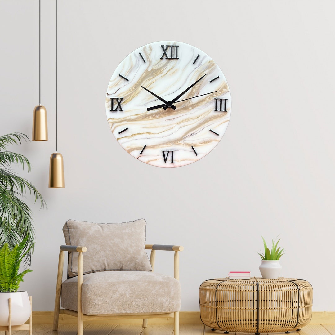 White and Golden Epoxy Wall Clock, Boho Handmade Wall Clock, Epoxy