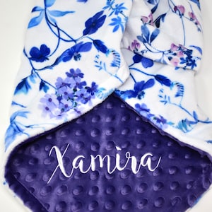 Embroidered Blue Baby Girl Floral Blanket, Personalized Purple Rose Blanket, Minky Baby Name Banket, Monagram Baby Girl Blanket With Flowers