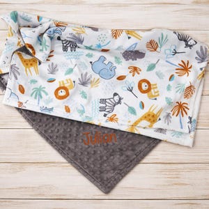 Personalized Baby Blanket: Embroidered Zoo Animals, Custom Minky Swaddle