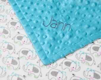 Embroidered Blanket, Monogram Blanket, Custom Blanket, Personalized Childs Blanket, Baby Name Blanket, Elephant Blanket, Dot Minky Blanket