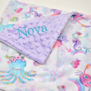 Personalized Underwater Animals Blanket, Embroidered Pastel Sea Animal Blanket, Fantasy Ocean Creature Blanket, Baby Girl Pink Beach Blanket