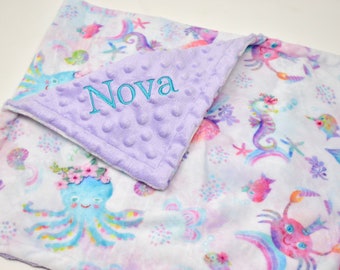 Personalized Underwater Animals Blanket, Embroidered Pastel Sea Animal Blanket, Fantasy Ocean Creature Blanket, Baby Girl Pink Beach Blanket