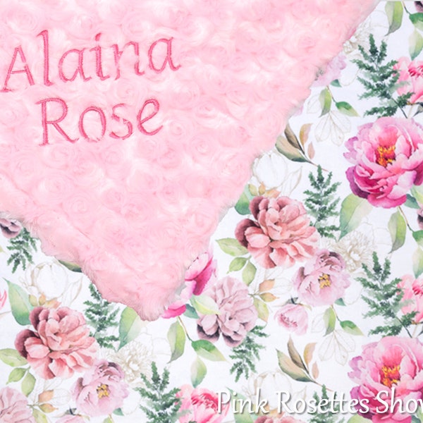 Embroidered Pink Baby Girl Floral Blanket, Personalized Floral Rose Blanket, MInky Baby Name Banket, Monagram Baby Girl Blanket With Flowers