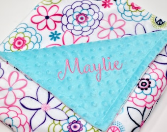 Turquoise Floral Baby Girl Blanket, Personalized Pink Rose Child's Blanket, Embroidered Infant Crib Blanket With Flowers, Newborn Gift