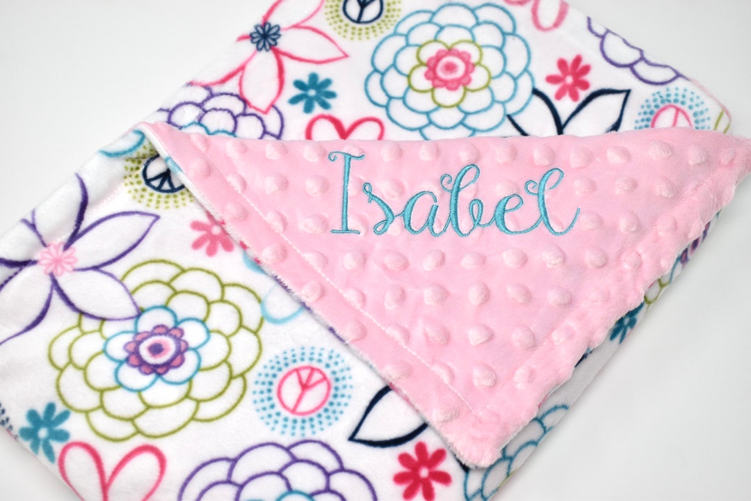 Pink Personalized Floral Baby Girl Blanket Embroidered Pink Flower