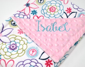 Personalized Floral Baby Blanket: Embroidered Pink Minky Blanket
