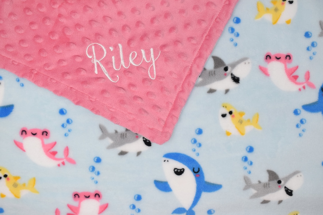 Personalized Baby Shark Blanket, Embroidered Pink Baby Shark Blanket