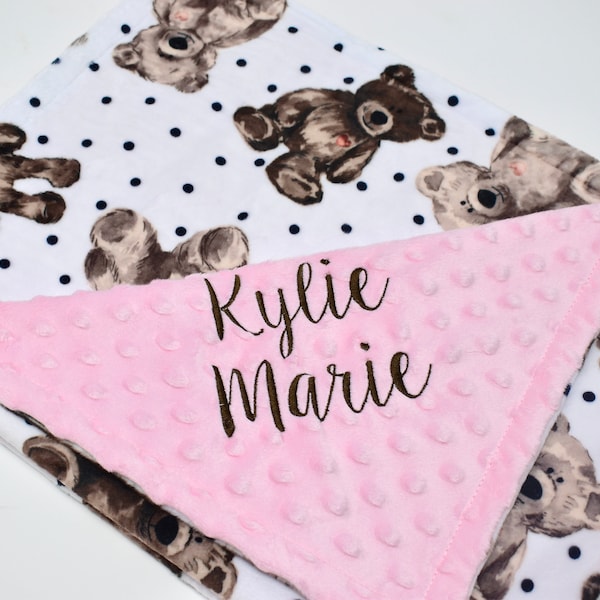 Personalized Baby Girls Teddy Bear Blanket, Custom Pink Teddy Bear Blanket, Embroidered Pink Teddy Bear Shower Gift For Infant Girl