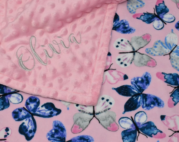 Pink Butterfly Personalized Baby Girl Blanket Embroidered Pink