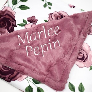 Embroidered Pink Baby Girl Floral Blanket, Personalized Floral Rose Blanket, MInky Baby Name Banket, Monagram Baby Girl Blanket With Flowers