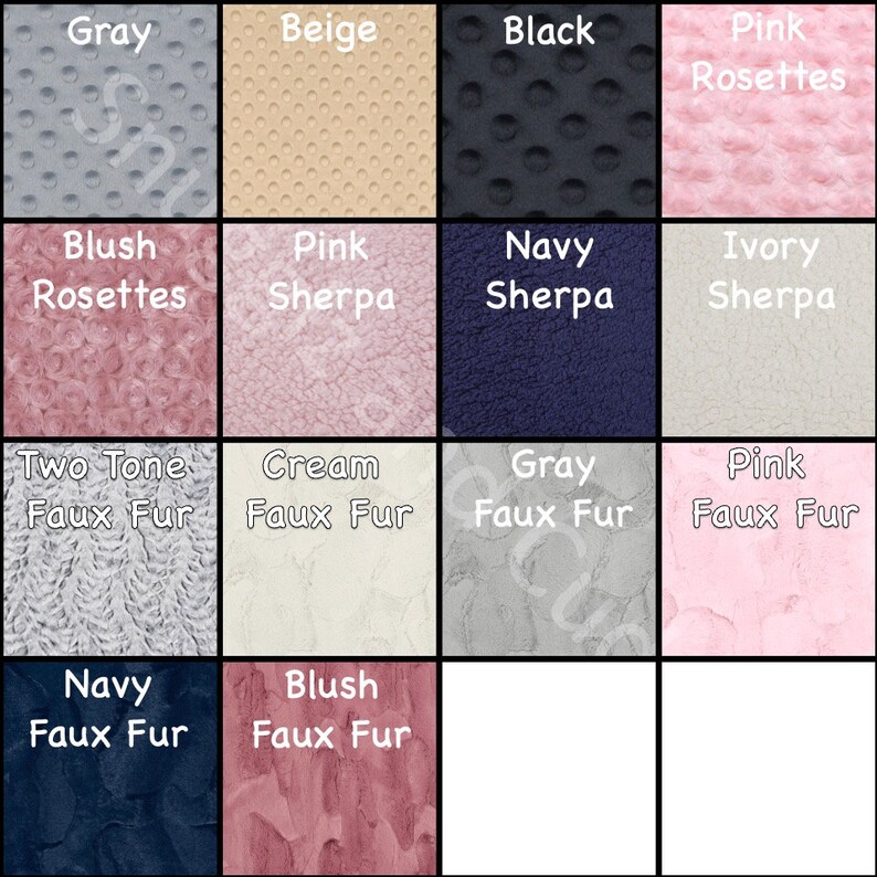 K&ouml;nnte beinhalten: Eine Karte mit 12 verschiedenen Stoffmustern, darunter Grau, Beige, Schwarz, rosa Rosetten, Blush-Rosetten, rosa Sherpa, marineblauer Sherpa, elfenbeinfarbener Sherpa, zweifarbiges Kunstfell, cremefarbenes Kunstfell, graues Kunstfell, rosa Kunstfell, marineblaues Kunstfell und Blush-Kunstfell.