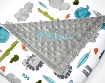 Personalized Baby Blanket: Embroidered Minky, Safari Animal Print