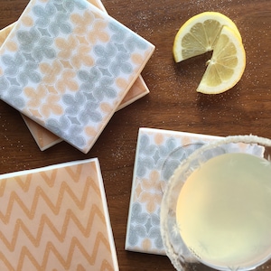 Handmade Set Of 4 Ceramic Drink Coasters With A Midcentury Modern Abstract Fabric Design Resin Waterproof Surface