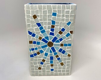 Handmade Mid Century Modern Style Mosaic 9 inch Vase With Blue Starburst Design