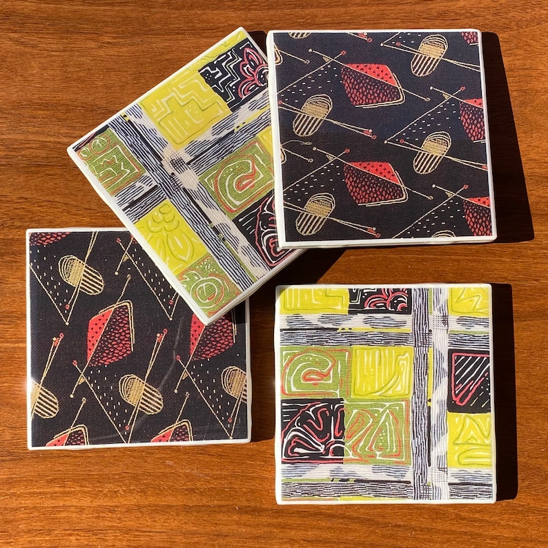 Handmade Set of 4 Ceramic Drink Coasters With A Midcentury Modern