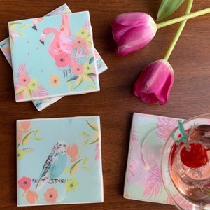 Handmade Set Of 4 Ceramic Drink Coaster With Bird And Flamingo Design Pastel Colors/ Resin Waterproof Surface