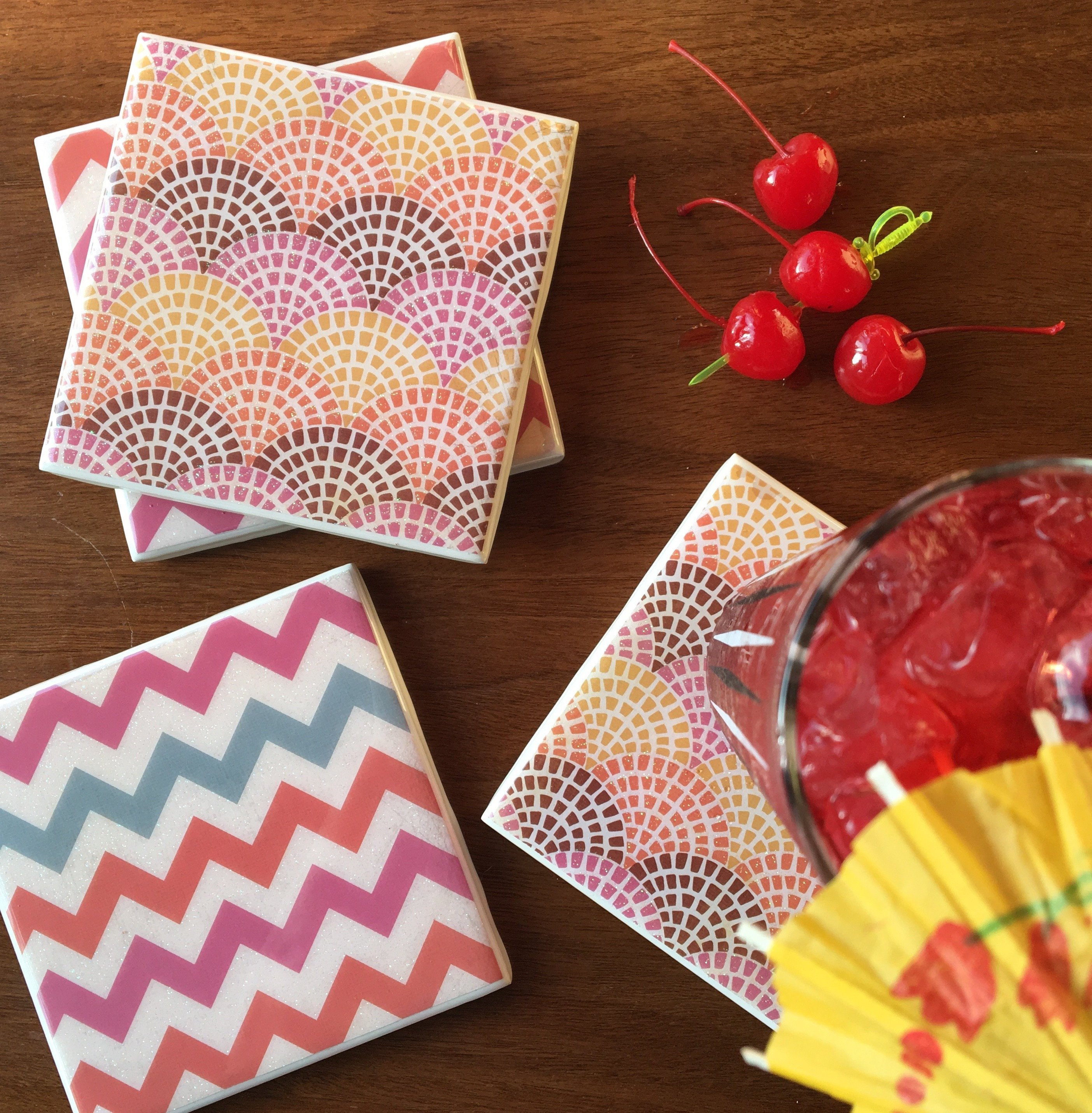 Handmade Set Of 4 Ceramic Drink Coasters With A Midcentury Modern Abstract Fabric Design Resin Waterproof Surface
