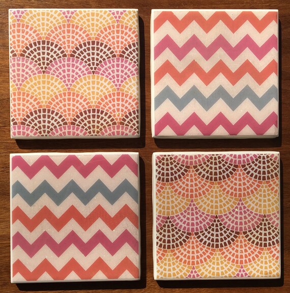 Handmade Set Of 4 Ceramic Drink Coasters With A Midcentury Modern Abstract Fabric Design Resin Waterproof Surface