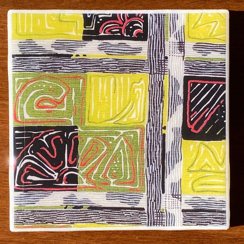 Handmade Set Of 4 Ceramic Drink Coasters With A Midcentury Modern Abstract Fabric Design Resin Waterproof Surface