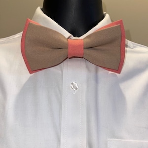 Men&#39;s Khaki and Coral Poly Poplin Bow Tie, Champagne and Coral Bow Tie,  Adjustable Bow Tie, Boy&#39;s Bow Tie, Groomsmen, Wedding, Choir Day