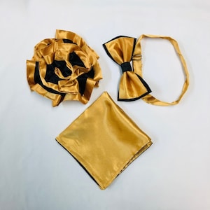 Black and Gold Colorblock Bow Tie and Corsage Set, Men&#39;s Bow tie, Matching Men&#39;s Double Sided Hankie, Six-inch Black and Gold Corsage