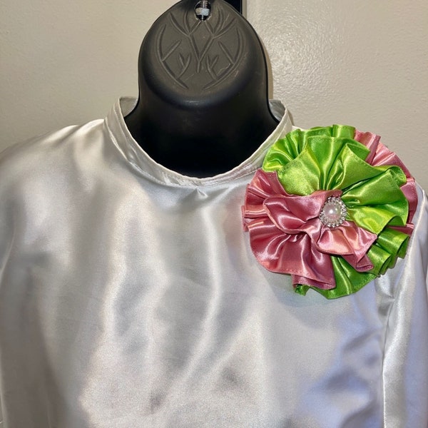 Woman's  5-Inch Rose Pink & Apple Green Satin Corsage with Pearl, Alpha Kappa Alpha, AKA, Mother of Bride, Mother of Groom, Wedding, Formal