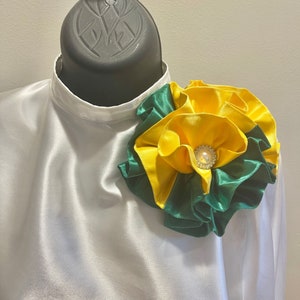 Woman&#39;s Yellow and Emerald Green Satin Corsage with Pearl Jewel, Chi Eta Phi, Nurse, Easter, Mother of Bride, Mother of Groom, Wedding,