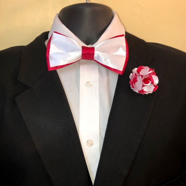 Men's Red and White Satin Bow Tie set, Adjustable Bow Tie, Lapel Pin, Groomsmen, Wedding, Kappa Alpha