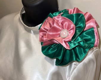 Rose Pink & Emerald Green Satin Corsage: Pearl Jewel Accent