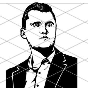 May include: Black and white digital download of a man's portrait. The image features a man in a suit and tie, with a serious expression. The text "DIGITAL FILE DOWNLOAD" and "SVG/ DXF/ AI/ PNG" is at the top.