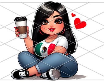 Peut inclure: Une illustration de dessin animé d'une femme aux longs cheveux noirs portant un t-shirt blanc avec le drapeau mexicain, un jean bleu et des baskets noires. Elle tient une tasse de café et a un cœur rouge au-dessus de sa tête.