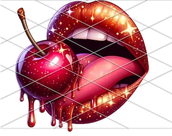 May include: A red cherry with a shiny, dripping glaze is being held by a pair of red lips with gold glitter. The lips are open and the tongue is sticking out.