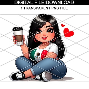 Gordita Mexicana/ Latina girl drinking coffee/ Chibi Latina Girl/ Sublimation/ Latina Png/ Hispanic girl/ Hispanic Heritage png/ Spanish png