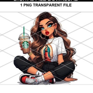 Latina girl drinking starbucks coffee/ Chibi Latina Girl/ chicana girl png/ Latina Png/ Cute Mexican girl png/ Gudalupe virgin png