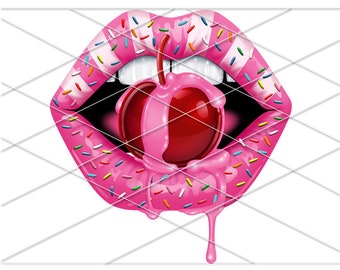 May include: Digital file download featuring a graphic of pink lips with a cherry. The lips are decorated with sprinkles and dripping with pink icing. The text "DIGITAL FILE DOWNLOAD" and "2 PNG FILES" is at the top.