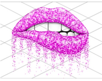 May include: Pink glitter lips with a slight bite, dripping glitter on a white background.