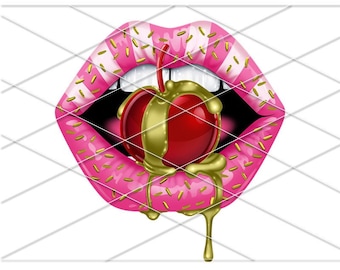 May include: Pink lips with gold and white sprinkles, biting into a red cherry with gold dripping down.