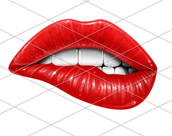 May include: A close-up of a pair of red lips with a slight smile, showing white teeth. The lips are glossy and have a wet look.