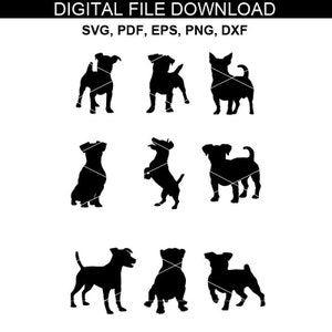 May include: A set of nine black silhouette images of Jack Russell Terriers in various poses. The dogs are shown standing, sitting, and jumping.