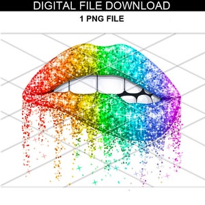 May include: Rainbow glitter lips with a dripping effect. The lips are slightly parted, revealing white teeth. The glitter is in a rainbow pattern, with red, orange, yellow, green, blue, indigo, and violet.