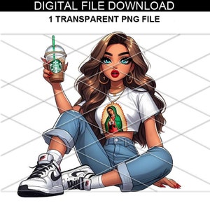 Mexican Chicana girl drinking starbucks coffee/ Chibi Latina Girl/ Latina girl png/ Latina Png/ Cute Mexican girl png/ Gudalupe virgin png