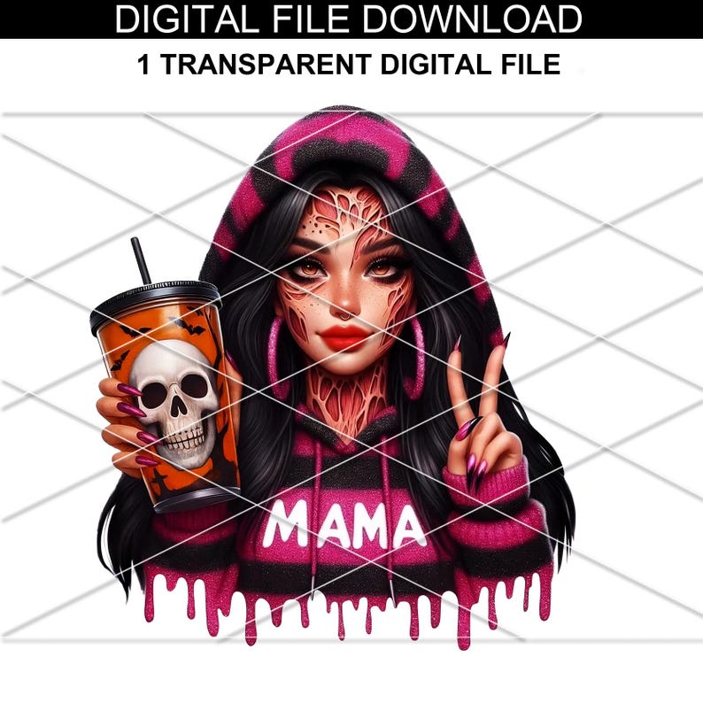 K&ouml;nnte beinhalten: Digitaler Datei-Download. Grafische Illustration einer Person mit schwarzen Haaren, die einen rosa-schwarzen Hoodie mit dem Wort "MAMA" tr&auml;gt. Die Person h&auml;lt einen Halloween-Becher mit einem Totenkopf-Design. Der Text "DIGITAL FILE DOWNLOAD" und "1 TRANSPARENT DIGITAL FILE" ist enthalten.