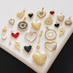 19 Styles! Heart Necklace Pendants Gold Heart Charm for Bracelet Charms Love Jewelry, Coin Evil Eye Sunburst Locket Padlock Medallion Red