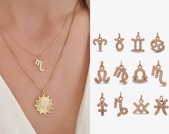 Add On Gold Zodiac Symbol Charms, Cubic Zirconia Signs, 12 Month Zodiac Constellation Charms Minimal Layering Necklace Bracelet Supply TORY