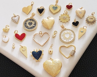 19 Styles! Heart Necklace Pendants Gold Heart Charm for Bracelet Charms Love Jewelry, Coin Evil Eye Sunburst Locket Padlock Medallion Red