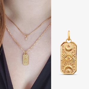 Gold Evil Eye Rechteck Anhänger Sonne Mond Auge Tarot Karte Halskette Charm Bar Tag Halsketten Schutz strukturierte USA Schmuck Versorgung ROBERTA