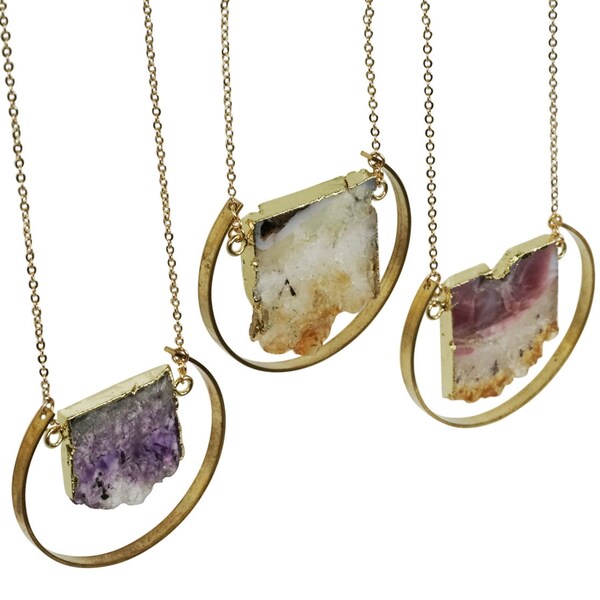 Kristall Scheibe in Roh messing Kreis Amethyst Citrin Anhänger für DIY Schmuck Naturstein Connector Heilung Kristall Halskette Edelstein ARELY