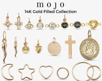 19 Styles! 14K Gold Filled CHARMS and CONNECTORS for Permanent Jewelry Necklace Bracelet Star Moon Evil Eye Circle Heart Horn Cross Coin